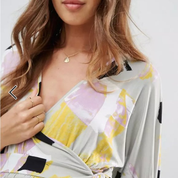 ASOS Batwing Abstract Print Wrap Dress Creme/Purple/Yellow Pattern - Picture 3 of 10